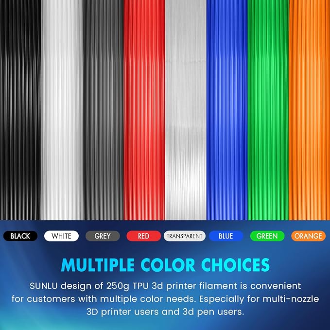 SUNLU TPU 3D Printer Filament 1.75mm, High Speed 95A TPU Filament, Flexible 3D Filament for Fast Printing, Dimensional Accuracy +/- 0.03mm, (250g Black+White+Grey+Red+Transparent+Blue+Green+Orange)