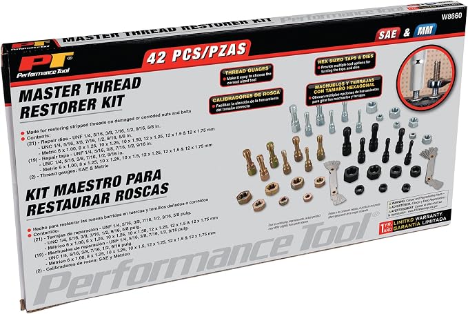 Performance Tool W8660 42 pc. Master Thread Restorer Kit: Includes Metric/SAE UNC/UNF Discs, Tap Dies, and Thread Gauges to Restore Stripped or Damaged Nuts and Bolts