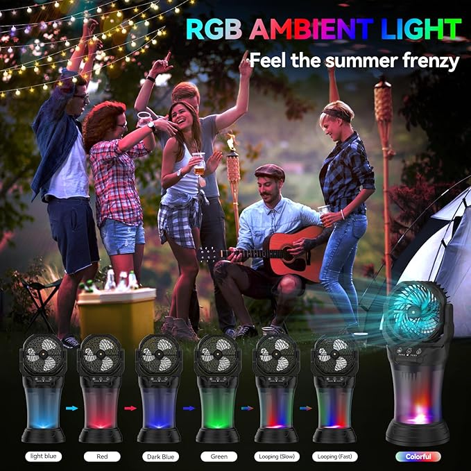 Wilody Misting Fan Portable Camping Fan Battery Powered with Remote Control, RGB Ambient Light with 2L Bucket, Battery Indicator, 120° Auto Oscillating, Timing Function, Grip Handle(Black)