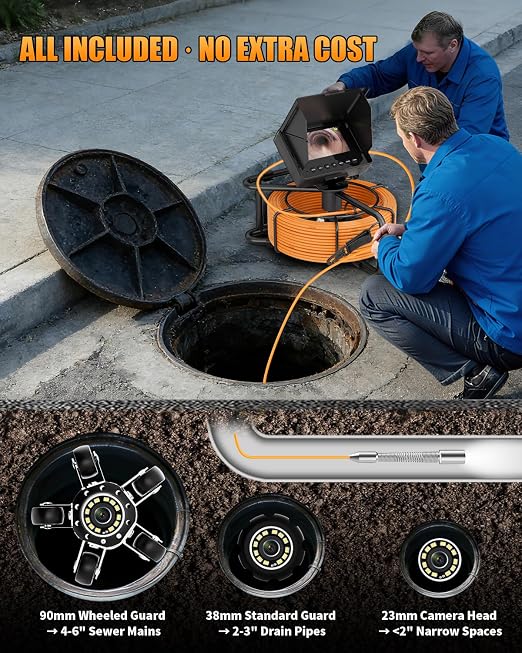 Sewer Camera 100ft, Drain Camera 4.3" with 23mm 1080P Probe, 8500mAh, 32GB Audio & Video Record, IP68 Waterproof for Plumbers, Drain Pipe & Industrial Inspection, Endoscope Camera with Light(12 LEDs)