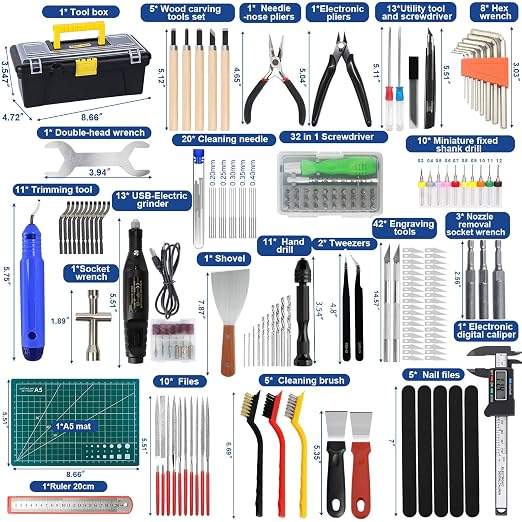 201PCS 3D Printer Tools Kit, 3D Printer Accessories for 3D Printer Modeler Basic Tools Diverse,Including Nozzle Cleaning Kit,Polishing Machine,Deburring Tool for Remove/Trim and Finish 3D Print