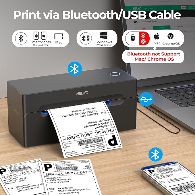 Nelko Bluetooth Thermal Shipping Label Printer, Wireless 4x6 Shipping Label Printer for Shipping Packages, Support Android, iPhone and Windows, Widely Used for Amazon, Shopify (Black)