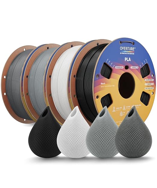 OVERTURE 4KG Bundle High Speed PLA Filament 1.75mm, Neatly Wound 3D Printer Filament 4 Pack 1kg Spool (2.2lbs) Rapid PLA, Fit Most FDM 3D Printers (Black+White+Light Grey+Space Grey)