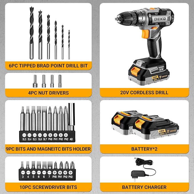 Power Drill Cordless: DEKOPRO 20V Electric Drills with 3/8-Inch Keyless Chuck, Variable Speed, Power Cordless Drill Set Tool with 2 Batteries, Charger&30 Accessories(Gray)