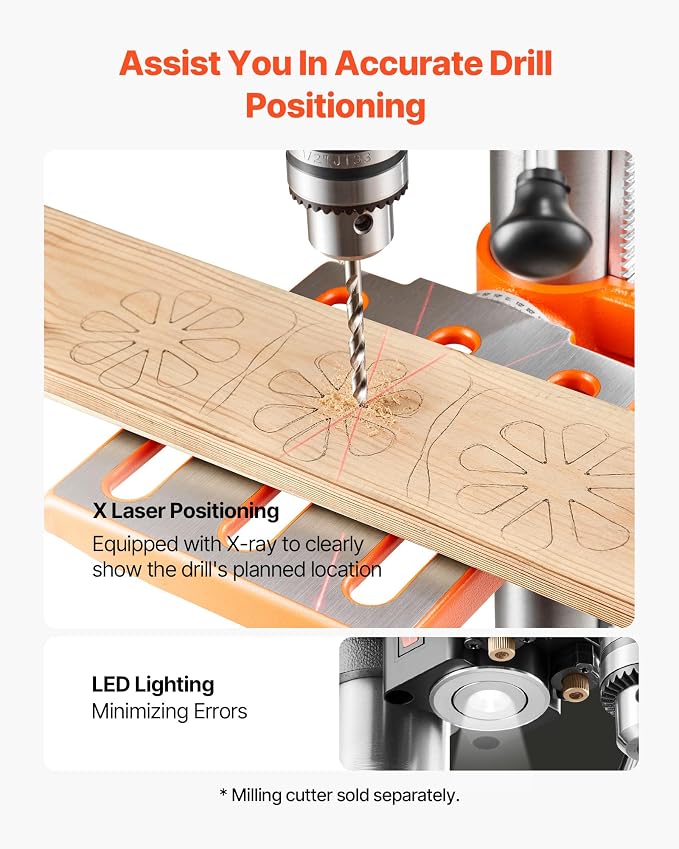 VEVOR 10-Inch Benchtop Drill Press, 5 Amp, 0.8 HP 600W Bench Drill Press, 530-3140 RPM Variable Speed, 0-45° Tilting Worktable, with Laser and LED Work Light, Tabletop Drilling Machine, for Wood Metal