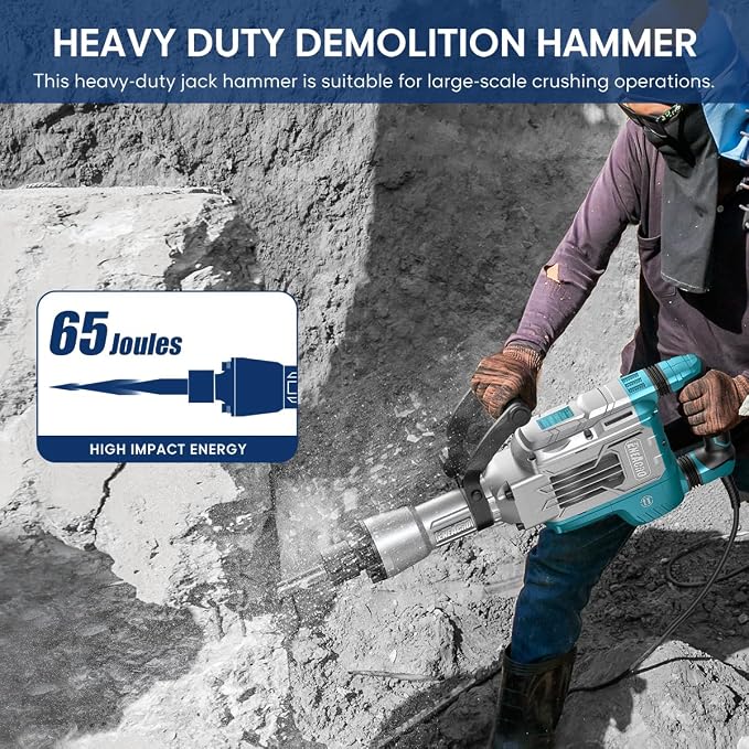 ENEACRO Demolition Jack Hammer 65 Joules SDS-Hex Concrete Breaker | 14.5Amp Heavy Duty, Chipping Hammer Cement/Pavement/Floor Breaker, 2pcs Chisels Included, Carry Box with Rollers