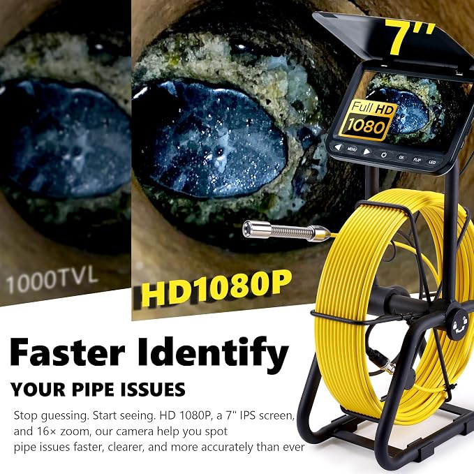 𝟐𝟎𝟐𝟓 𝐍𝐞𝐰 7” Sewer Camera, HD 1080P w/DVR-32GB, [NEW 1s Twist-to-Unlock System] Plumbing Snake Pipe Inspection Camera, [Thicker Cable Reel] Drain Camera, 5000mAh, [360°+180° Rotate] 100ft/30m