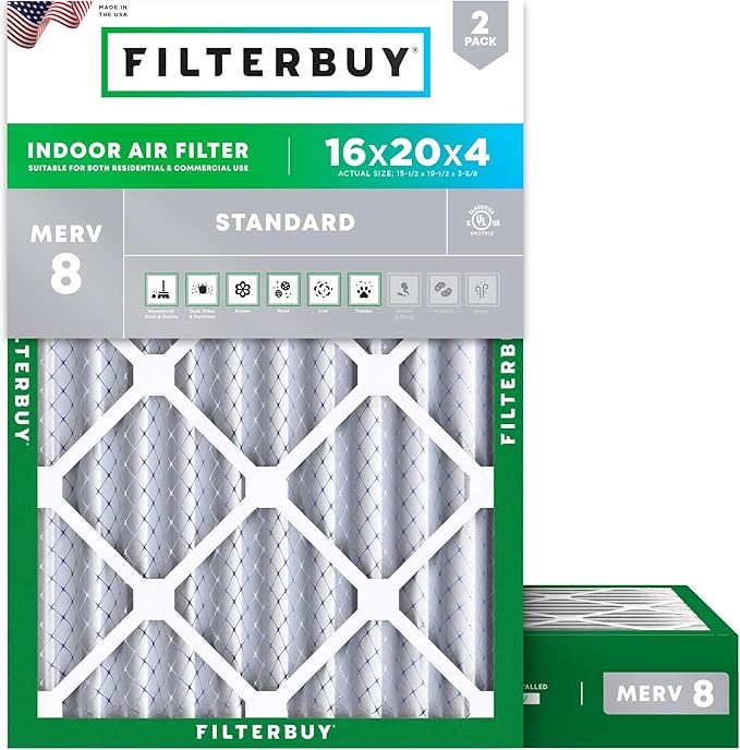 Filterbuy 16x20x4 Air Filter MERV 8 Essential Dust & Allergy Defense (2-Pack), Electrostatic Pleated HVAC AC Furnace Filters Replacement, Made in USA (Actual Size: 15.50 x 19.50 x 3.63)