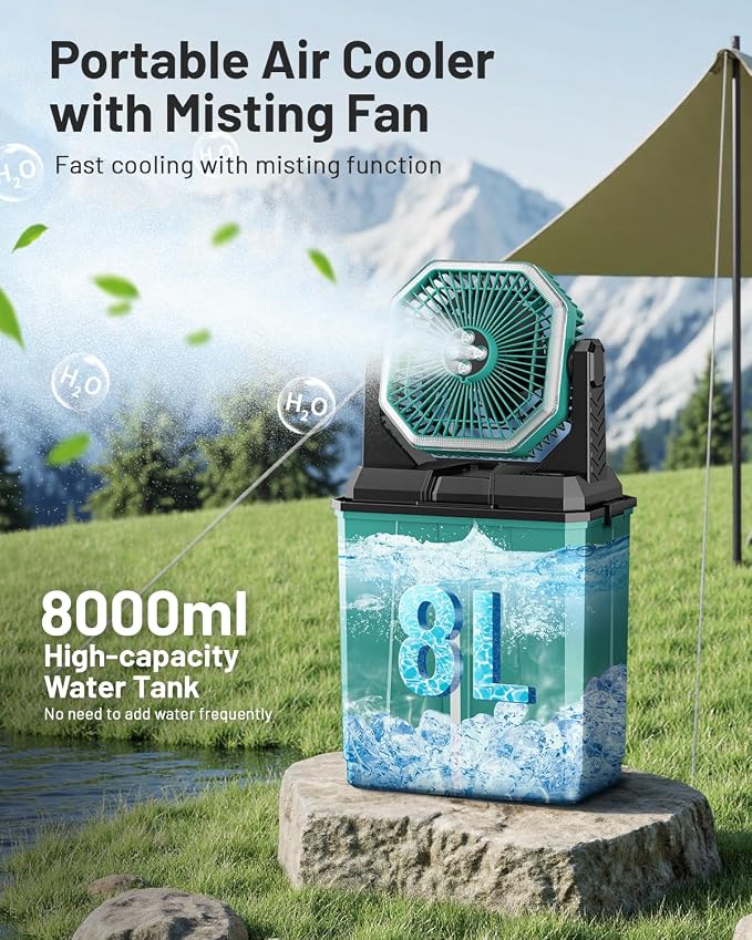 Allsion Rechargeable Misting Fan, 24000mAh Camping Misting Fan with 8L Water Bucket, 3-Speed Outdoor Cooling Fan with LED Lights, 120°Oscillation for Camping, Backyard, Patio, Outdoor, Blue-Green