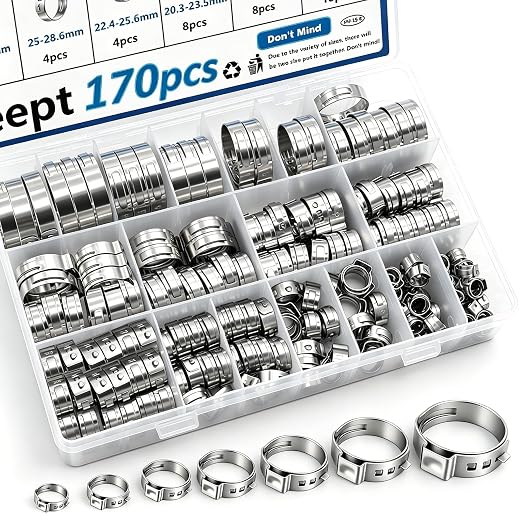 170Pcs 13 Sizes 304 Stainless Steel Single Ear Hose Clamps 5.3-31.6mm Crimp Hose Clamps Assortment Kit Perfect for Automotive/Home Appliance/Water Pipe and Fuel Line