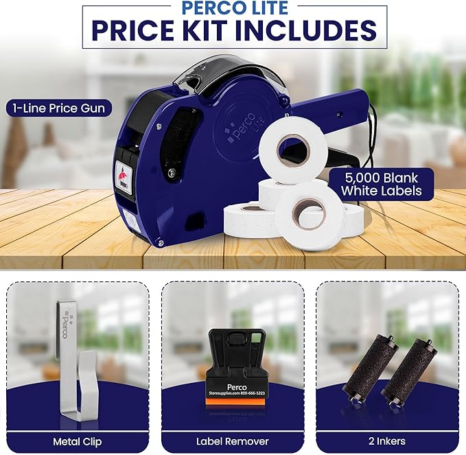 Perco Lite 1 Line Price Gun Kit for Retail Business – Includes 5 White Rolls, Gun Clip & Ink Rollers – Pre-Loaded Pricing Gun w Labels & Ink