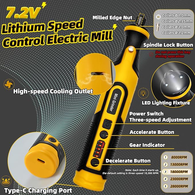 5-speed Adjustable Cordless Grinder Set, 7.2V LED Light Mini Tepy-C Cordless Electric Rotary Sander with 59 Attachments for Drilling, Sanding and Polishing 3D Printed Resin Models
