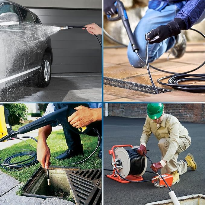 50FT Sewer Jetter Kit for Pressure Washer, 5800PSI Drain Cleaner Hose 1/4 Inch NPT Corner with 4 Sewer Jetting Nozzles，Waterproof Tape，Pearl Corsage Pin，Handle Strap & 2 Spanners (Black)