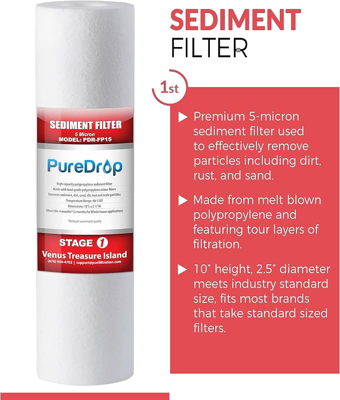 PureDrop PDR-F15-50 Standard 5-Stage Replacement Cartridge for 50 GPD Reverse Osmosis Water Filter System 2-Year Replacement Filter Pack,15 Counts, 12x15x15