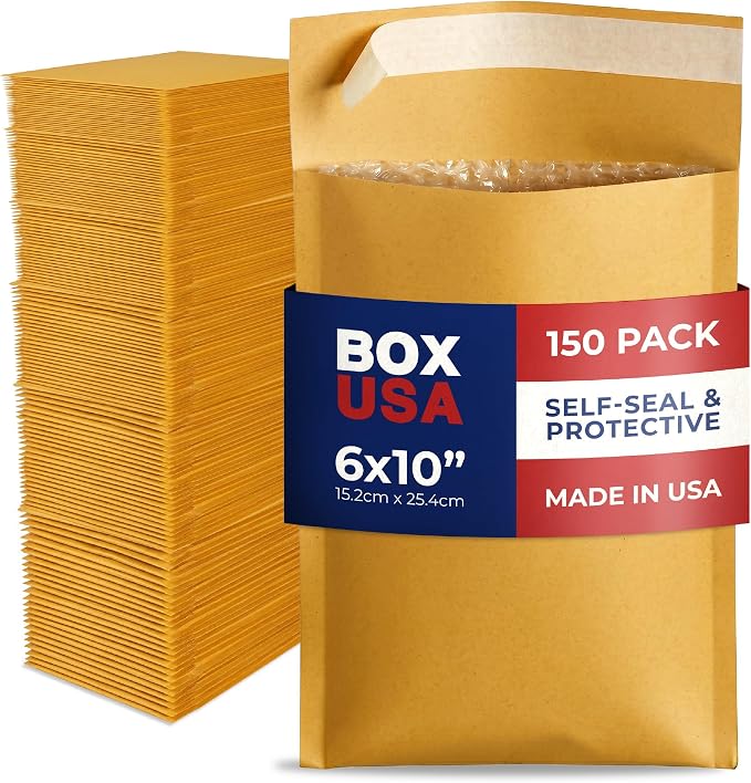 BOX USA 6 x 10" Kraft Bubble Mailers (150-Pack) - Brown Padded Envelopes, Self-Seal Shipping Bags for Business, Heavy Duty Cushioned Mailing Envelopes for Packaging and Shipping