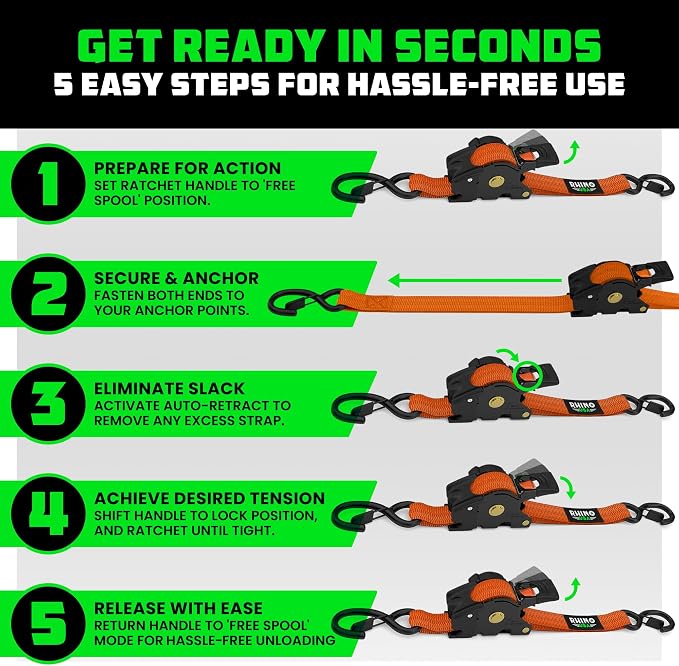 Rhino USA Retractable Ratchet Straps (4-Pack) - 1 Inch x 10 Feet (1,209lb Break Strength) - Auto Self Retracting Tie Down Straps for Truck, Cargo Trailer, Motorcycle, ATV, UTV - Orange