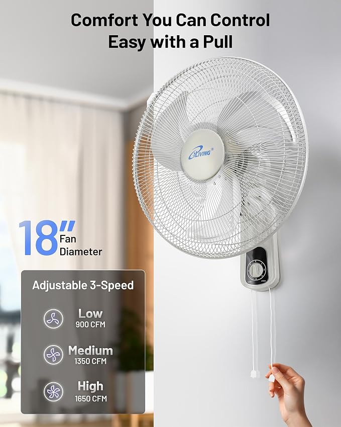 iLiving Glow Oscillating Wall Mount Fan with Adjustable Tilt, 18-inch, 3 Speed, Metal Grille and Blade, 90 Degree Oscillation, Airflow 1650CFM, Ideal for Home, Bedroom, Gym & Office, Greenhouse