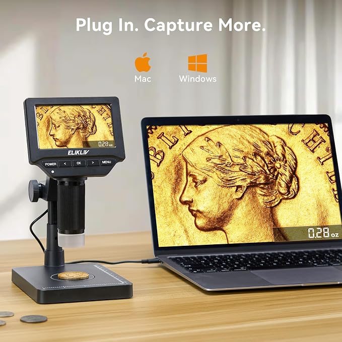 Elikliv EDM4C Coin Microscope with Scale：4.3" Digital Microscope with Adjustable LED+Elikliv Coin Microscope, 4.3'' LCD Digital Microscope 1000x