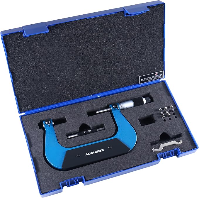Accusize Industrial Tools Screw Thread Micrometer, 3-4", S916-C753 | 4 Anvil Sets: 24-14, 13-9, 8-5, 4.5-3.5 TPI, 0.001" Resolution, ±0.00016" Accuracy