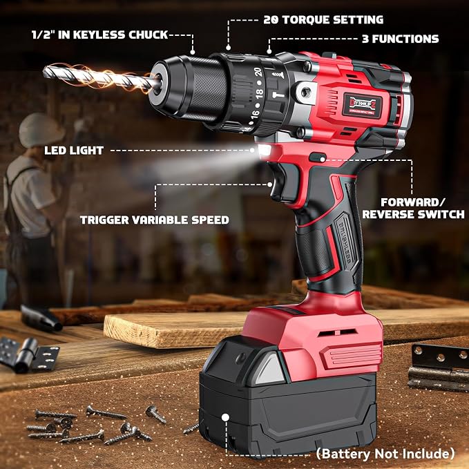 DIYtoolifz Cordless Drill Set Compatible with Milwaukee 18V Battery (Tool Only) 20+3 Torque Setting Power Drill Driver Set, 1/2 Inch Keyless Chuck Brushless Compact Driver Drill Kit Tool
