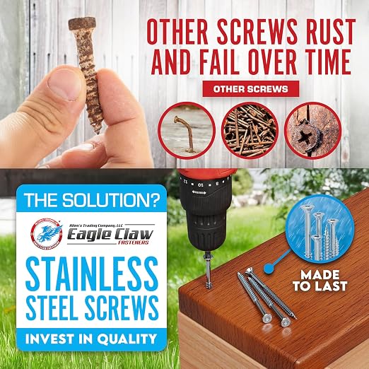 #10 x 2 Inch Stainless Steel Deck Screws | 304 Grade (350 Pack) | Flat Head T25 Star Torx Drive | Stainless Steel Wood Screws by Eagle Claw Fasteners | Corrosion & Rust Resistant (Includes Driver Bit)