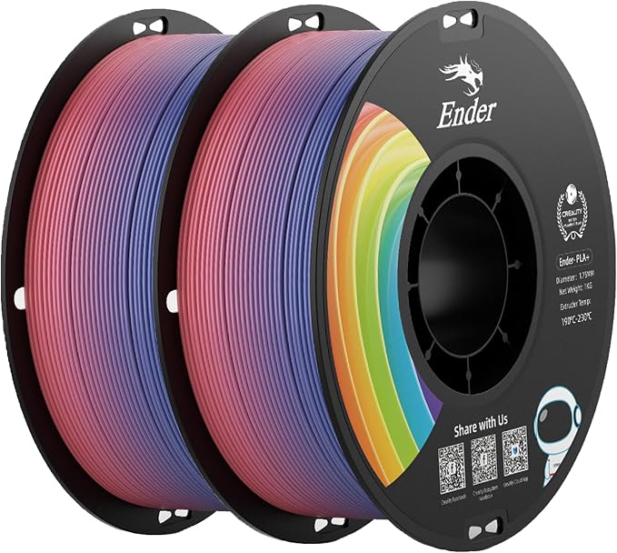 Creality PLA+ Filament 1.75mm Rainbow 2KG, 3D Printer Filament 2 Pack 1kg Cardboard Spool, Strong Toughness, No-Tangling, Accuracy +/-0.02mm, Multi-Color 3D Printing Filament for Most FDM Printers
