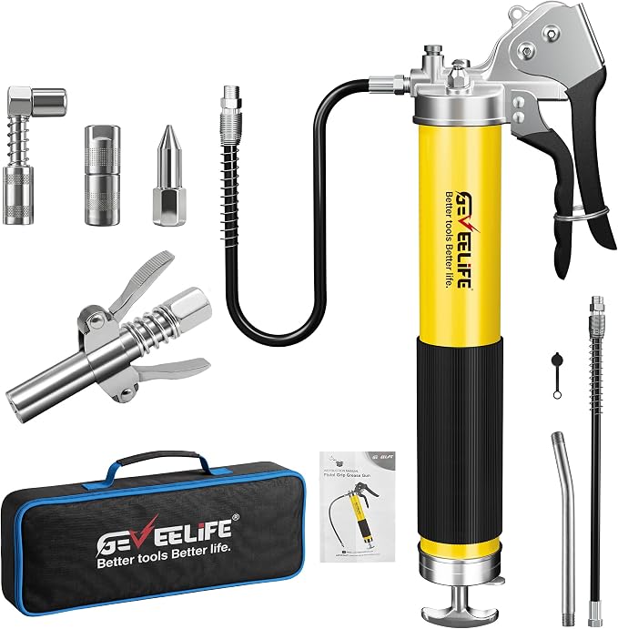 GEVEELIFE Grease Gun Kit,10000 PSI Heavy Duty Pistol Grip Grease Gun with 14 oz Capacity,2×18 Inch Resin Flex Hoses,4 Versatle Couplers,Extension Rigid Pipe,Suitable for Automotive, Marine，Machine
