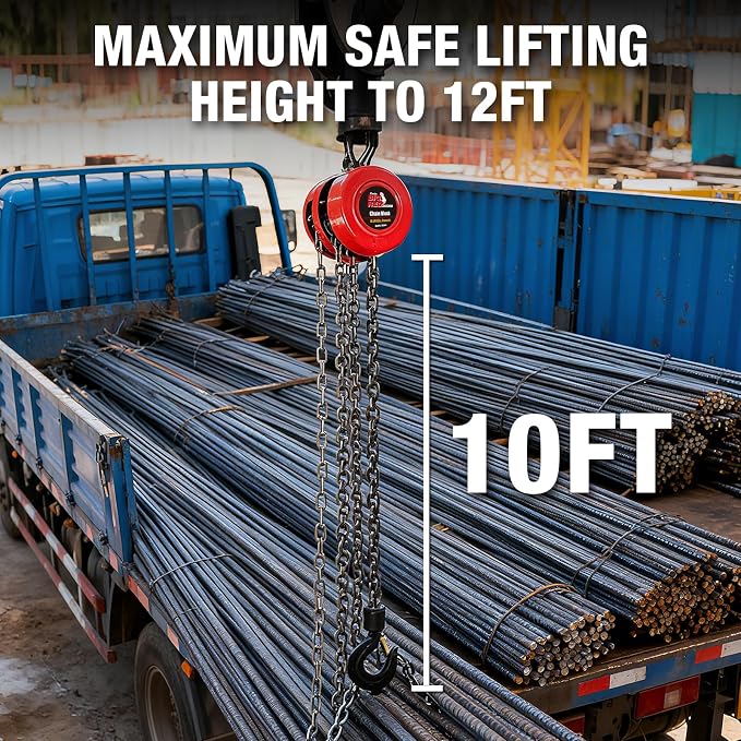 Big RED Manual Hand Lift Steel Chain Block Hoist with 2 Hooks, 5 Ton (10,000 lb) Capacity, Red