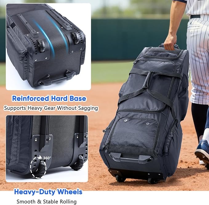 Large Rolling Baseball Catchers Gear Bag with Wheels, Softball Bag with Hard Backing for 4 Bats,Equipment Bag with Separate Shoe & Helmet Compartments, Youth Baseball Bag with 360° Spinner Wheels