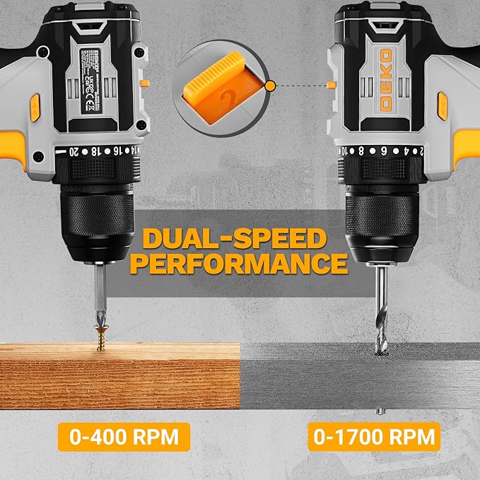 Cordless Drill & Impact Driver: DEKOPRO 20V Brushless Power Drill and 20V Brushless Impact Driver Set, Power Tool Set with 2x2.0Ah Batteries, Charger, Bag & 52xAccessories-Yellow