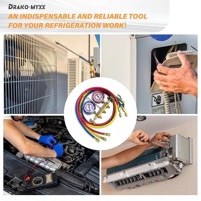 Upgrade 42201 Test & Charging Manifold with 3-1/8" (80 mm) Gauges,60" Refrigerant Hose with Compact Ball Valve,1/4" Standard Flare Fitting,2-Valve,HVAC Manifold for R-22/404A/410A,Yellow/Red/Blue