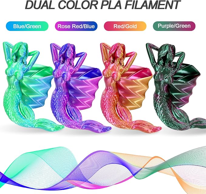 YOUSU Silk Dual Color PLA Filament 3D Filament Coextrusion PLA Multicolor PLA Filament 1.75mm (± 0.02 mm) Compatible with Most of 3D Printer, 250g*4 Color Pack