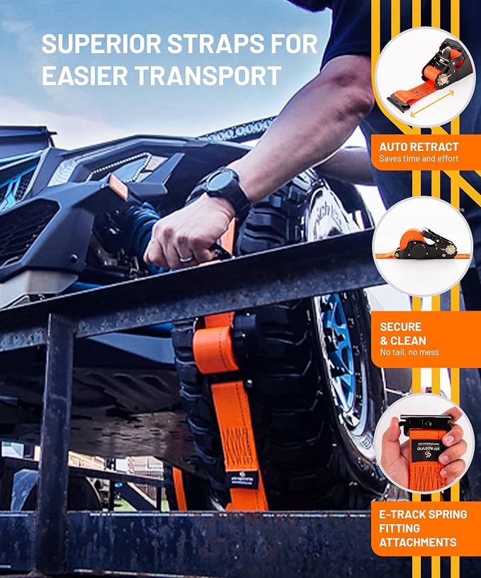 Strapinno E-Track Retractable Ratchet Tie-Down Straps - 2 in x 15 ft Heavy Duty Ratchet Strap with 4,500lbs Breaking Strength for E-Track Rails, Enclosed Trailer & Van (2 PCs)