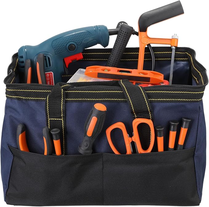 Silkfly 8 Pcs Tool Bags for Men Heavy Duty with Waterproof Hard Bottom Wide Mouth Large Tool Tote Bag Multi Pockets Organizer Tools Kit for Electrician Carpenter Mechanic Dad Gifts(16 Inch)