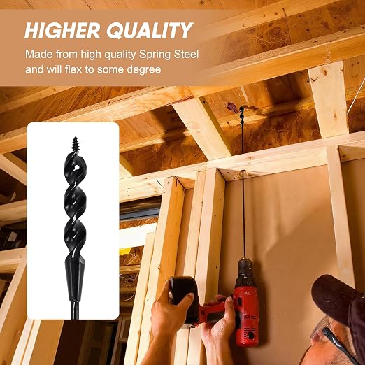 HUAALIUCHE 36" Flexible Installer Drill Bit for Pulling Wires in Walls, Ceilings, and Sidewalks, 1/2" Auger with Screw Point & Fish Eye, 3/16" 3-Flat Shank for Wood & Conduits, with Storage Tube