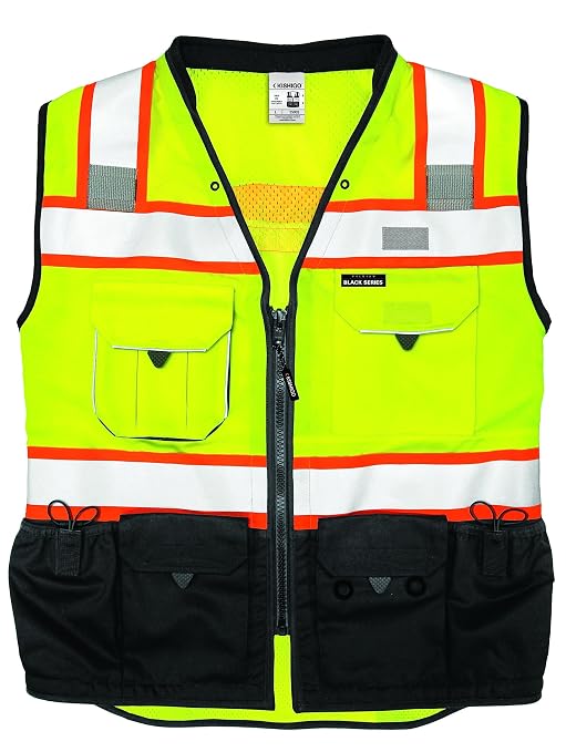 Kishigo Premium Black Series Men's Surveyors Vest S5002, Class 2 Hi-Vis Safety Vest, 10 Pockets with Reinforced Front Zipper Closure & Durable Webbing, ANSI/ISEA 107 Compliant (Lime/Black, 3XL)