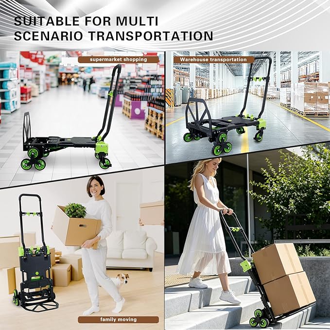 2-in-1Folding Hand Truck with Stair Wheels,330LB Portable Hand Truck Foldable Dolly for Stairs,Stair Climbing Dolly with Telescoping Handle for Supermarket,Home,Warehouse(Green)