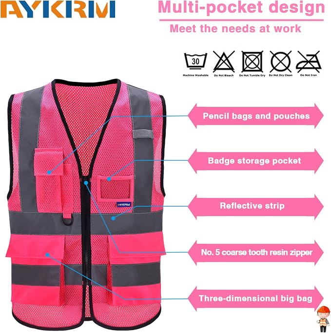 A-SAFETY Hi-Vis Reflective Mesh Vest with 7 Pockets, Front Zipper, Pink, M | Pink M breathable mesh vest with reflective strips, mic tabs and 7 pockets for volunteer events; available in 21 colors.