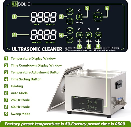 U.S. Solid 15L Ultrasonic Cleaner - 28/40kHz Dual-Frequency Digital Ultrasonic Cleaning Machine with Heater, Timer, and Degas Function