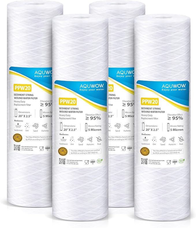 PPW20 5 Micron 2.5" x 20" String Wound Sediment Filter Set – Replacement Cartridges for Whole House & Under Sink Systems, Durable Depth Filtration (4, 20 x 2.5)
