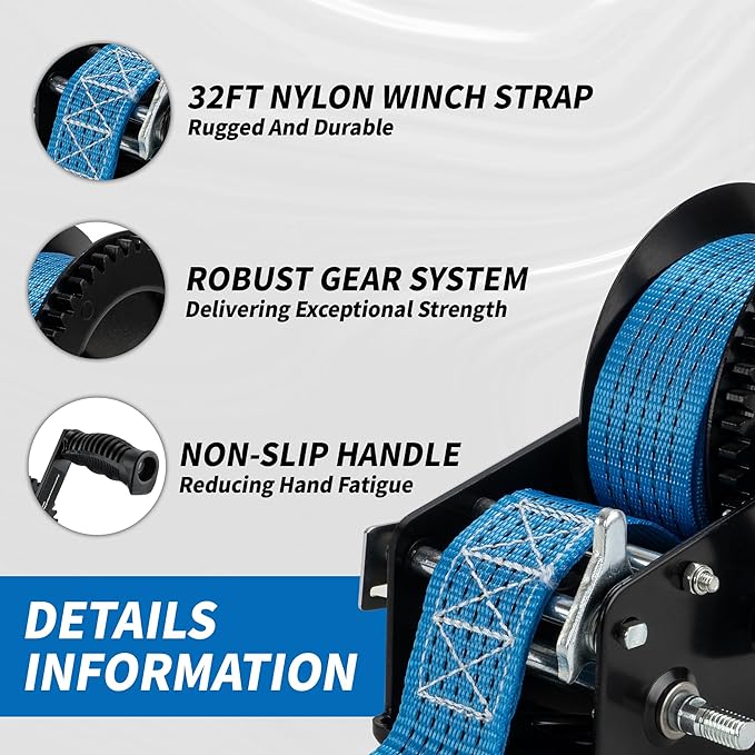 3500lbs Heavy Duty Boat Trailer Winch with 32FT Strap，2-Way Ratchet 4:1/8:1 Gear Trailer Winch，Portable Hand Crank Winch for Boat, Truck, Trailer, RV, ATV, Jet Ski