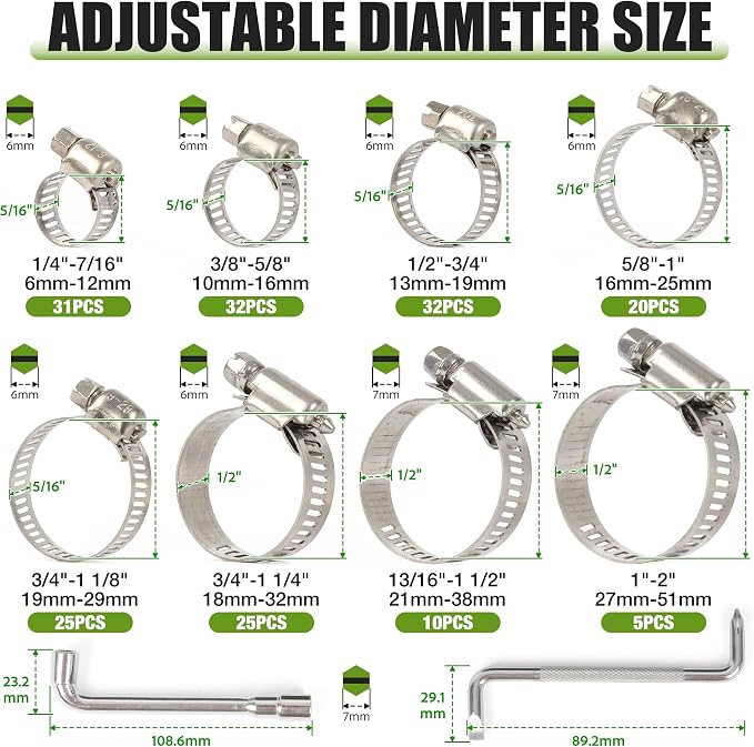 U.S. Solid Hose Clamp Assortment Kit, 180 PCS Stainless Steel Worm Gear Clamps, 1/4"–2" (6–51mm), Adjustable Hose Clamps for Automotive, Fuel Line, Plumbing, Radiator & Garden Use