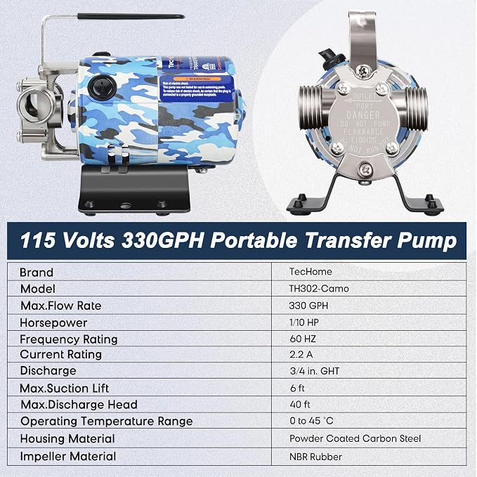 TecHome 115V 1/10HP 330GPH Utility Rain Barrel Waterbed Pump, With Water Hose Kit, Camouflage Color.