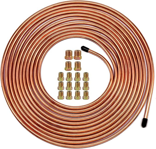 MuHize 1/4 Brake Line - Upgraded 25 Ft. Brake Line Kit(2026 New), 1/4 Flexible Copper Coated Brake Line Tube Roll(Includes 16 Inverted Flare Fittings)