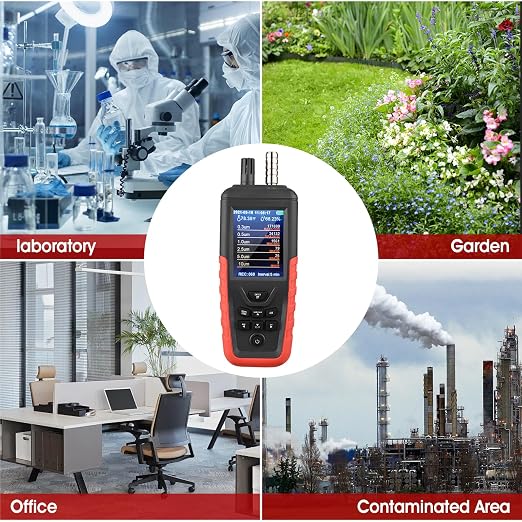 Air Quality Monitor Dust Particle Counter Indoor, Home Air Quality Sensitivity Test 6-Channel Pm0.3/0.5/1.0/2.5/5/10 Um Tester with Temperature/Humidity Monitor/USB Recharge Data Transfer/Storage