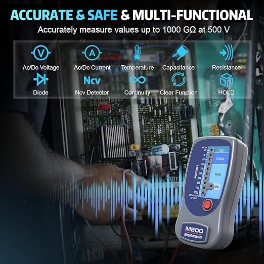 M500 Megohmmeter, Compatible with Supco M500 Megohmmeter, 500 Volts Megohmmeter, M500 Megger Tester Measures Up to 1000 Megohms, Ideal for HVAC Compressor Tester and Home Improvement Use
