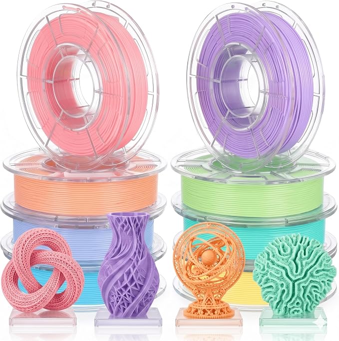 Matte Pastel PLA Filament Bundle 1.75mm, Macaron 8 Colors 250g/Spool (2KG Total), Neatly Wound Transparent Acrylic Spools for 3D Printer Pen DIY Crafts, Individually Vacuum Packed
