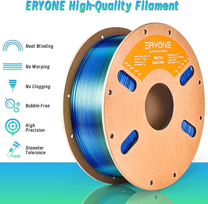 ERYONE Silk Dual Color PLA Filament 3D Printer 1.75mm +/- 0.03mm, Bicolor Filament Two Tone PLA Bundle 2KG Cardboard Spool, Blue Green
