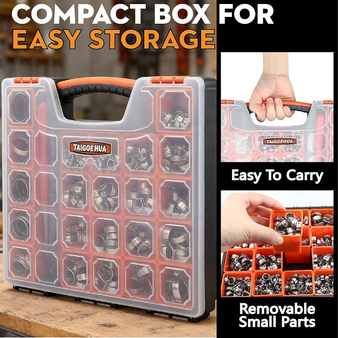 560Pcs 22-Sizes Single Ear Hose Clamps 5.3-36.1mm Stepless 304 Stainless Steel Assortment Kit with Ear Clamp Plier,Pipe Cutter and Tweezers for Automotive,Home Appliance,Fuel Line Pipe,and Industrial
