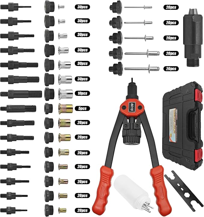 Dual Function Rivet Gun Kit Rivet Nut Tool Including 305 PCS Rivet Nuts 15 Mandrels 100 PCS Blind Rivets 5 Rivet Nozzles, Multi-Purpose